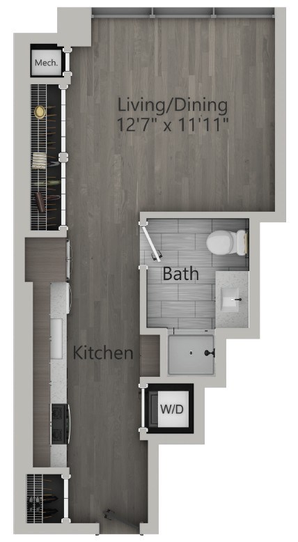Floor plan for studio, 1 bath, 423 sqft